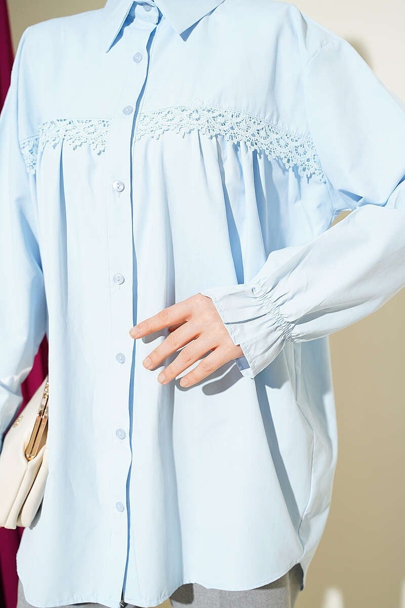 Robası Dantelli Poplin Gömlek Mavi