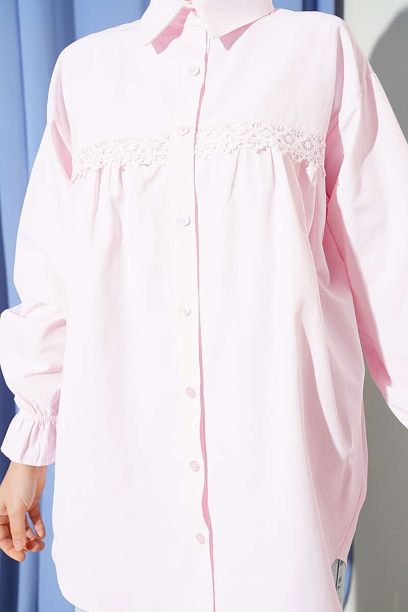 Robası Dantelli Poplin Gömlek Pembe