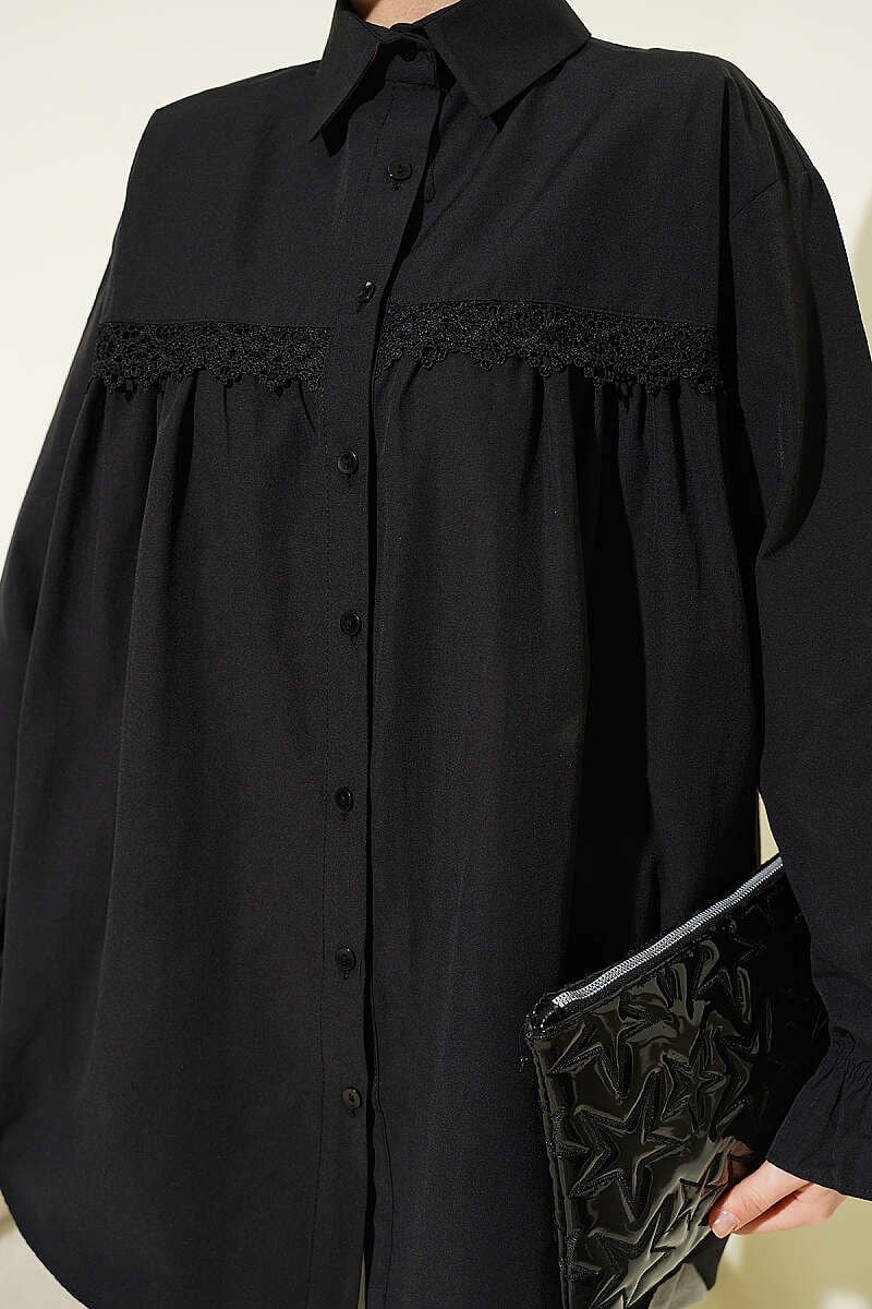 Robası Dantelli Poplin Gömlek Siyah