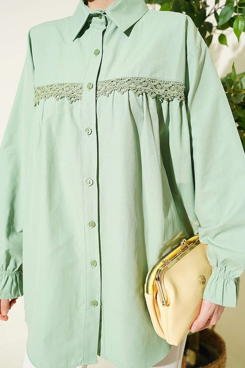 Robası Dantelli Poplin Gömlek Yeşil