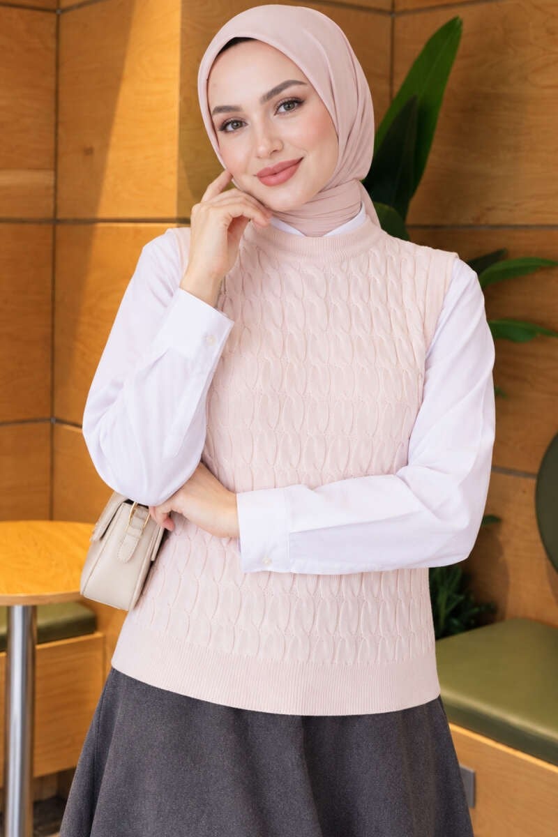 Saç Örgü Detaylı Merserize Süveter Pembe