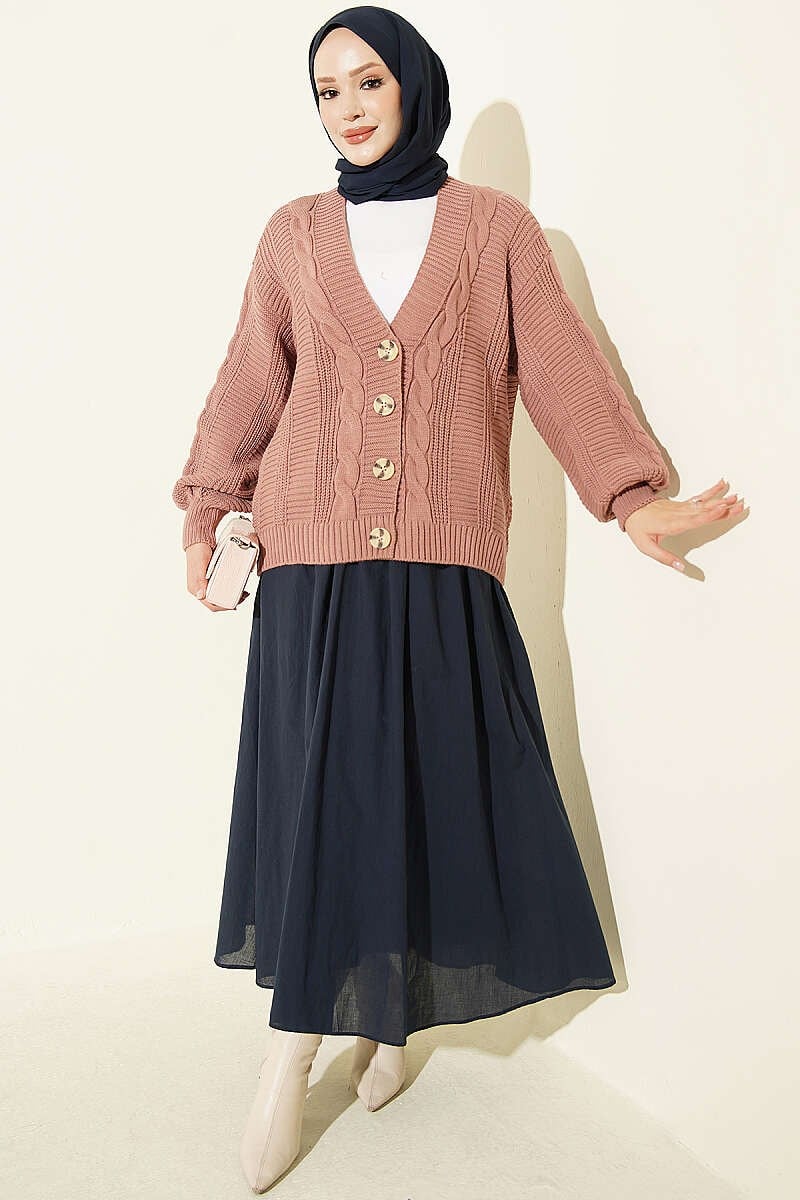 Saç Örgü Düğmeli Triko Kısa Hırka Gül Kurusu