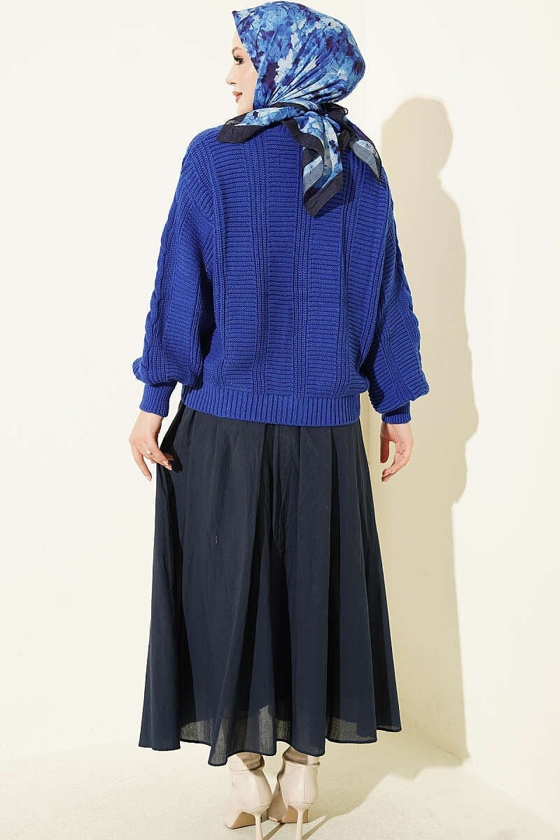 Saç Örgü Düğmeli Triko Kısa Hırka Saks