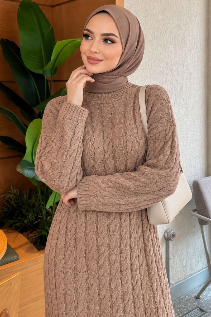 Saç Örgülü Basic Triko Elbise Vizon
