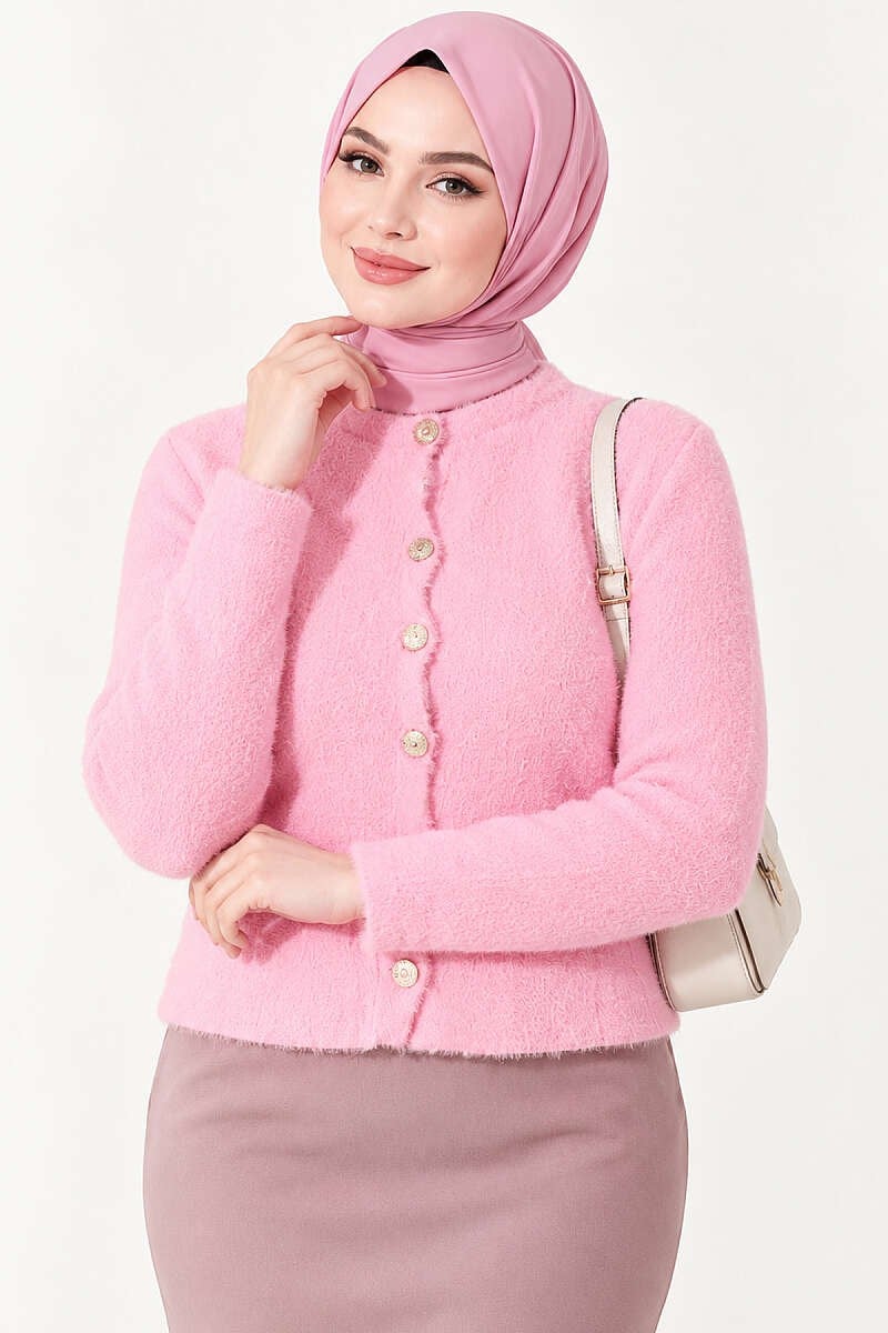 Sakallı Düğmeli Kısa Hırka Pembe