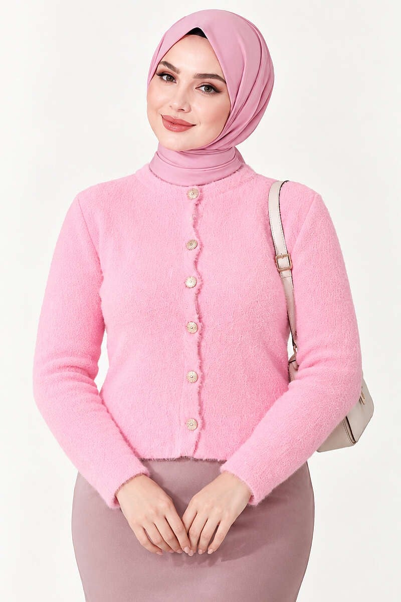Sakallı Düğmeli Kısa Hırka Pembe