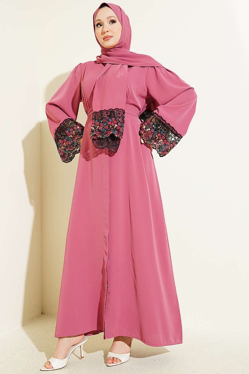 Şallı Çiçek Süslemeli Abaya Elbise Gül Kurusu