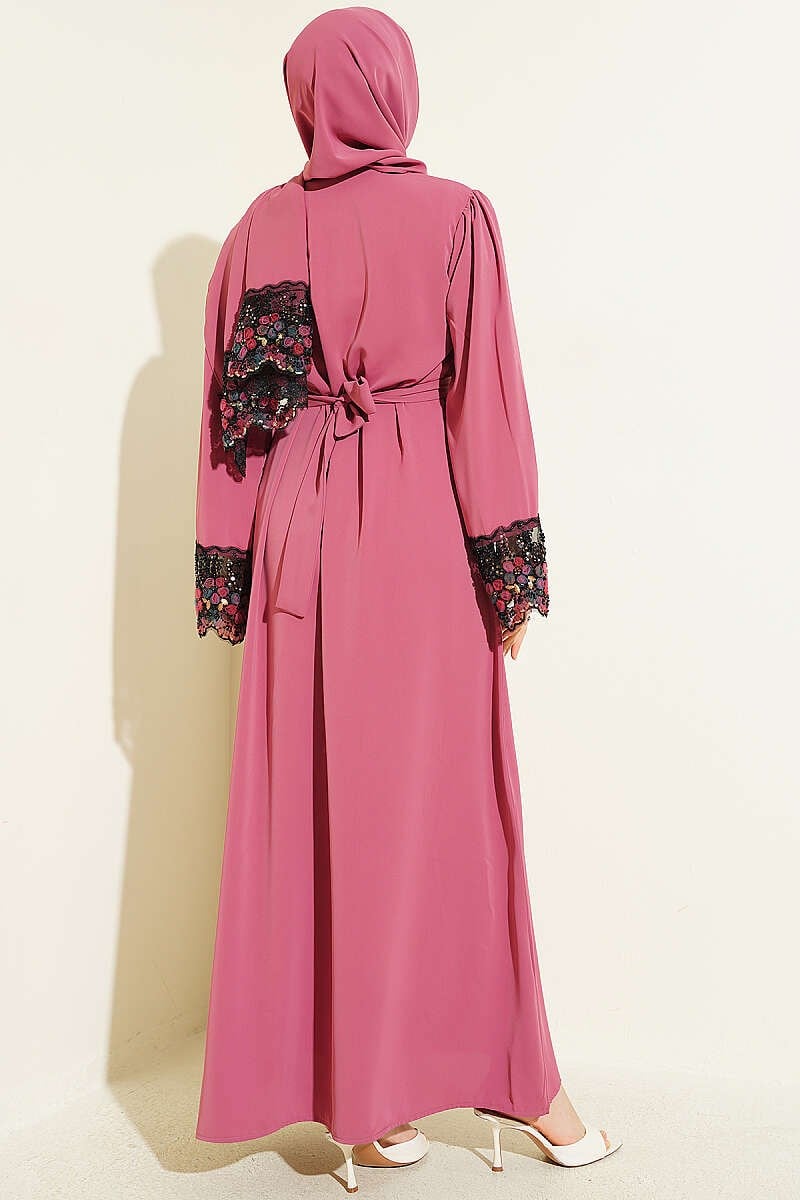 Şallı Çiçek Süslemeli Abaya Elbise Gül Kurusu