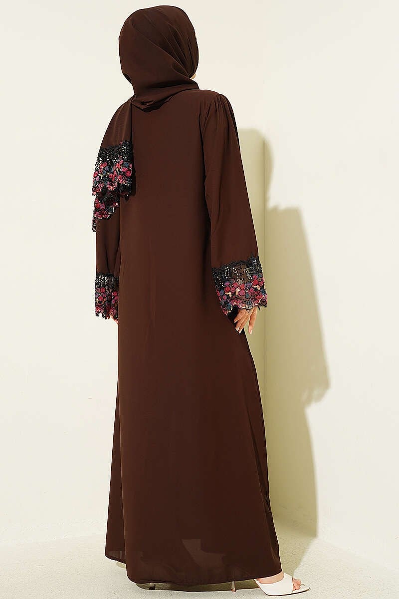 Şallı Çiçek Süslemeli Abaya Elbise Kahve