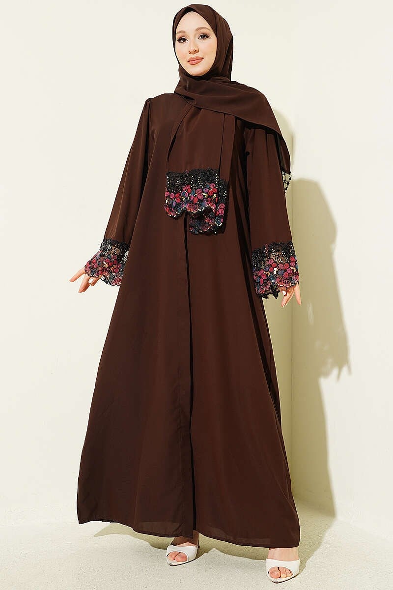 Şallı Çiçek Süslemeli Abaya Elbise Kahve
