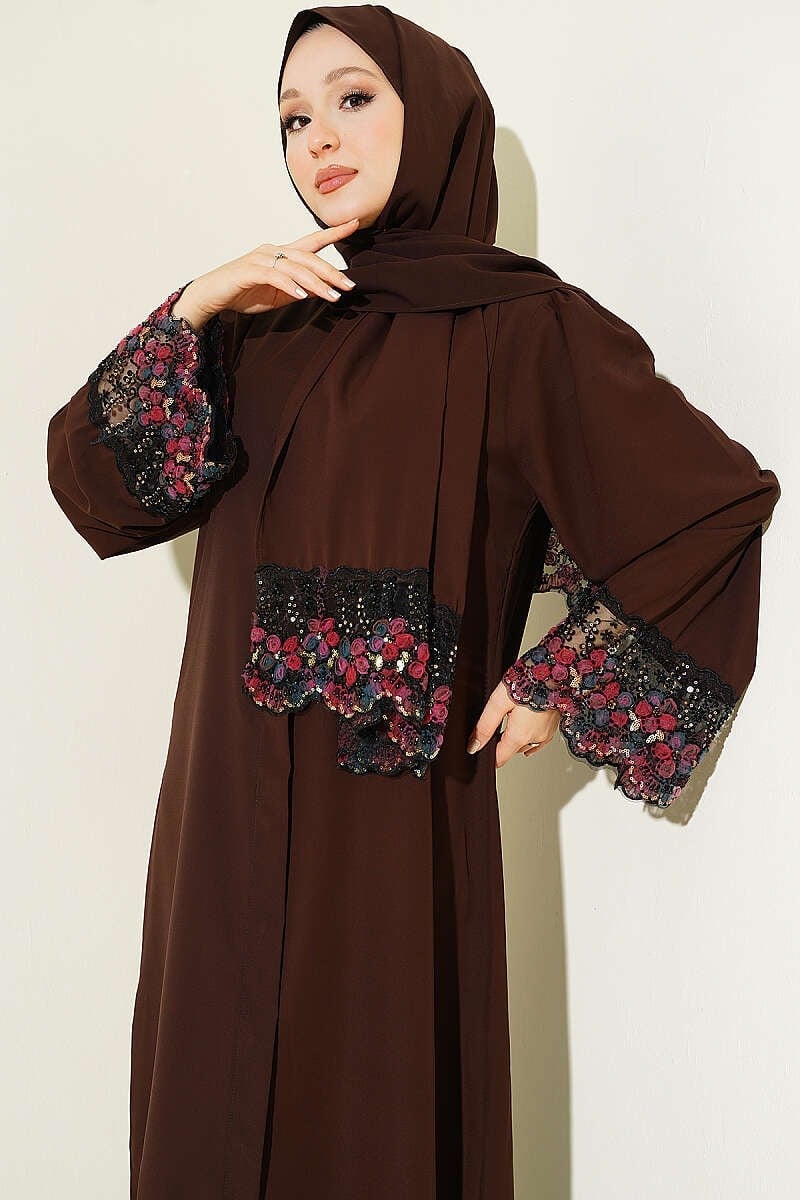 Şallı Çiçek Süslemeli Abaya Elbise Kahve