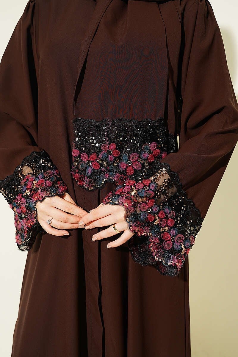 Şallı Çiçek Süslemeli Abaya Elbise Kahve