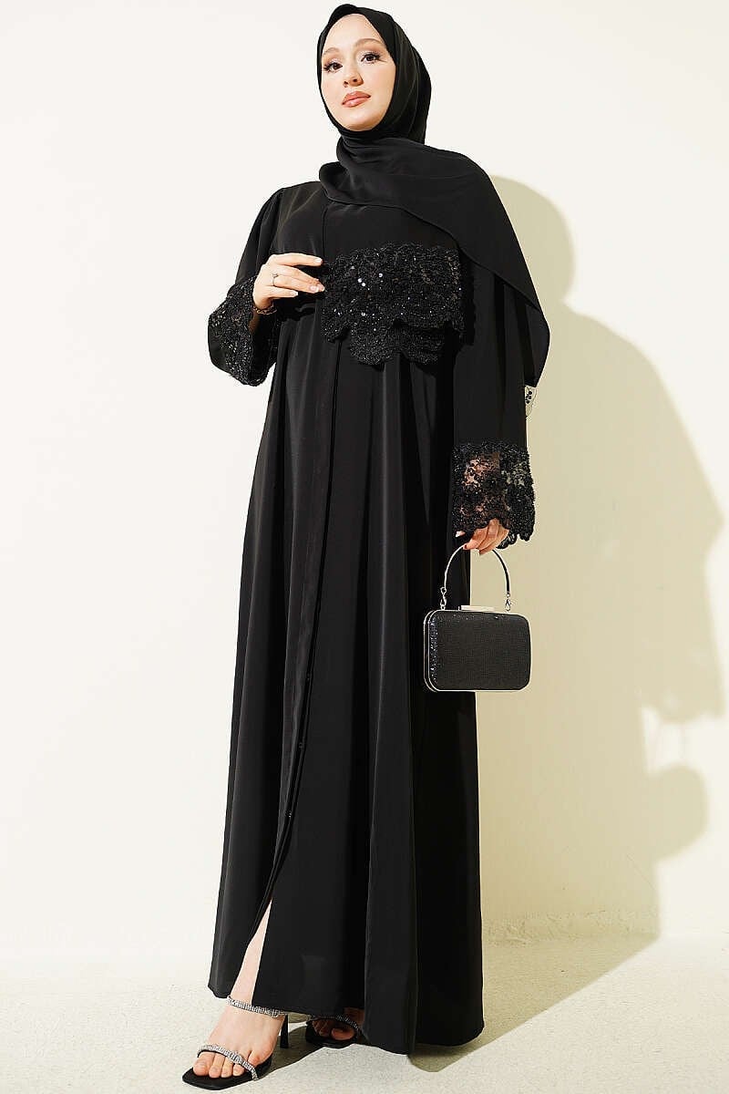 Şallı Çiçek Süslemeli Abaya Elbise Siyah Dantelli