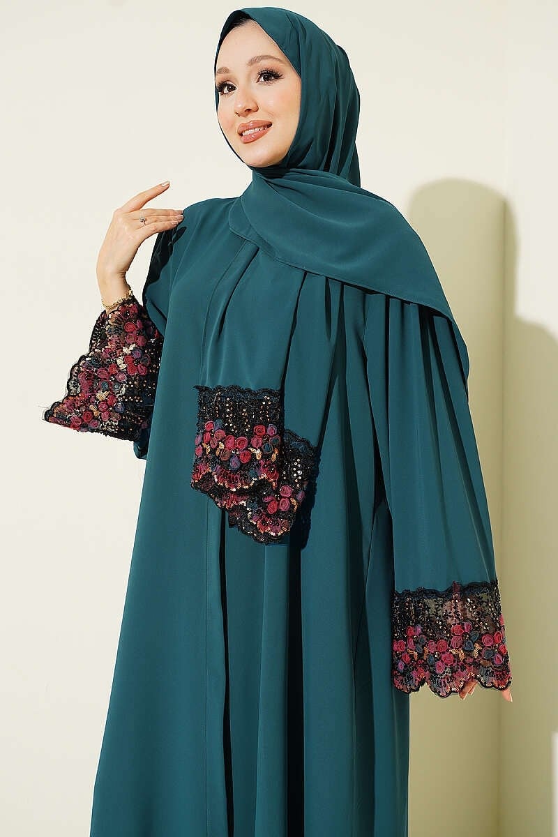 Şallı Çiçek Süslemeli Abaya Elbise Zümrüt