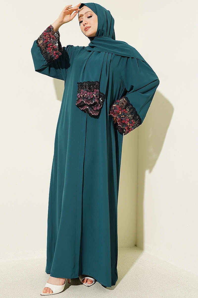 Şallı Çiçek Süslemeli Abaya Elbise Zümrüt