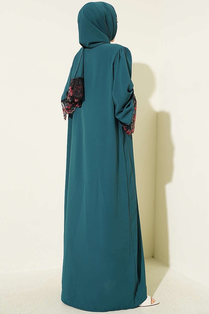 Şallı Çiçek Süslemeli Abaya Elbise Zümrüt