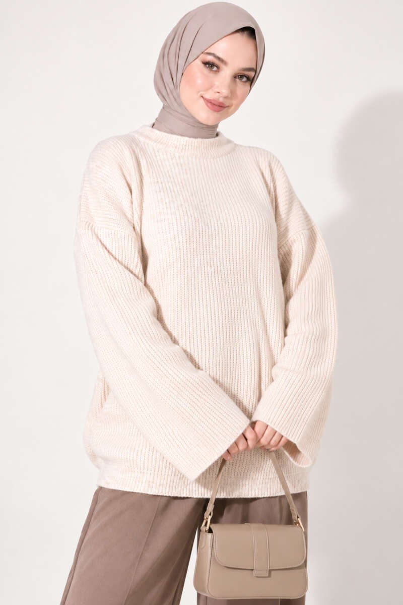 Selanik Örgü Oversize Triko Tunik Bej