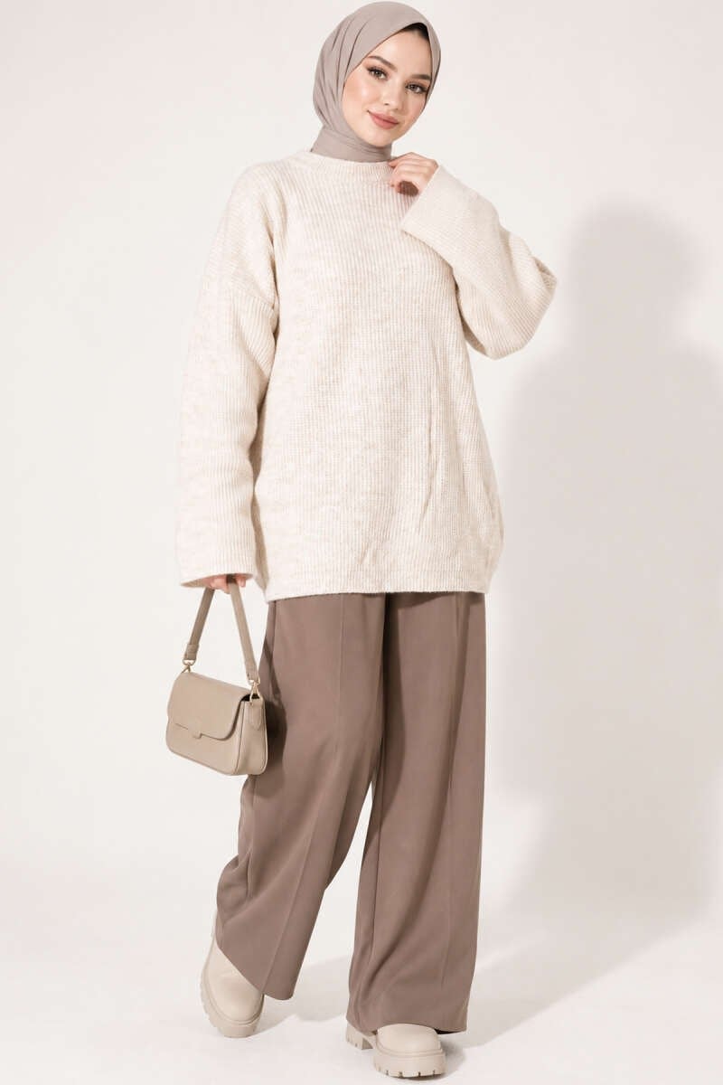 Selanik Örgü Oversize Triko Tunik Bej