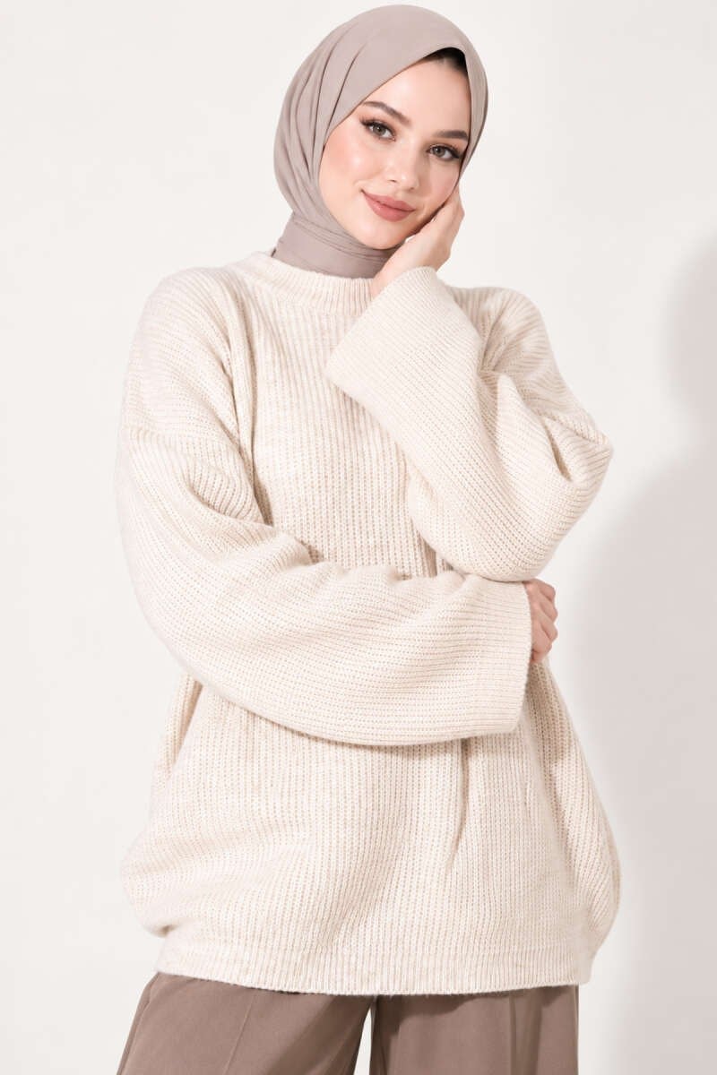 Selanik Örgü Oversize Triko Tunik Bej