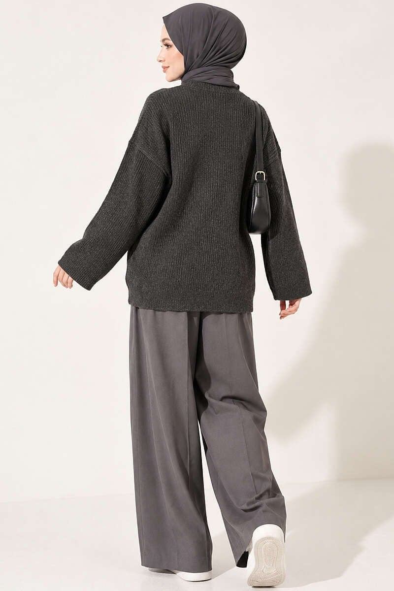 Selanik Örgü Oversize Triko Tunik Füme