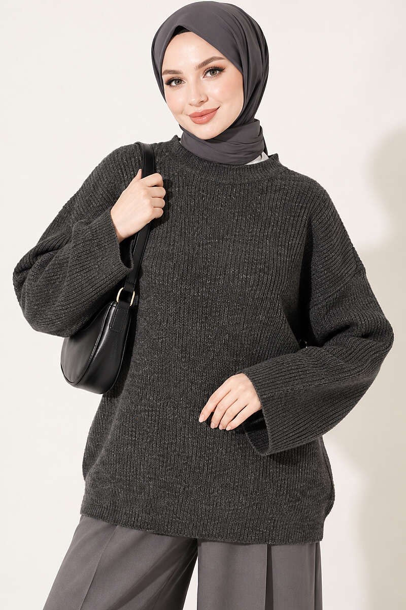 Selanik Örgü Oversize Triko Tunik Füme