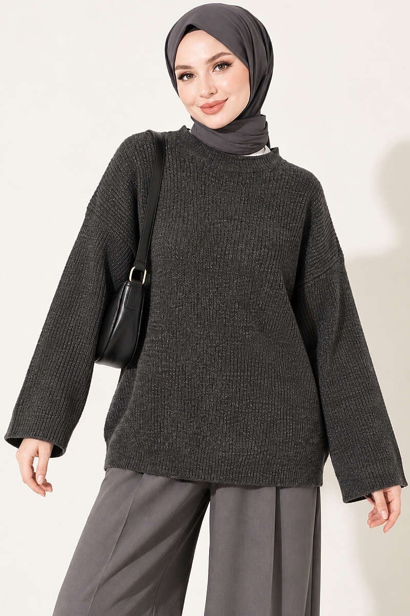 Selanik Örgü Oversize Triko Tunik Füme