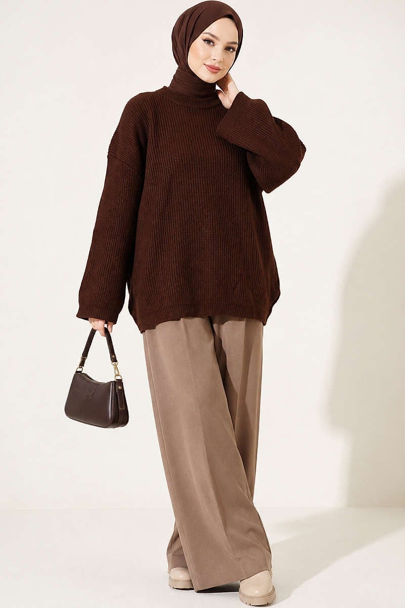 Selanik Örgü Oversize Triko Tunik Kahve