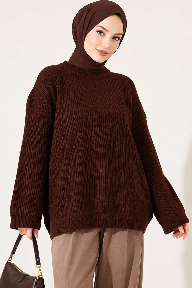 Selanik Örgü Oversize Triko Tunik Kahve