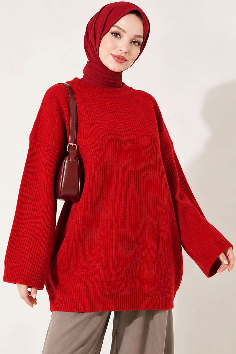Selanik Örgü Oversize Triko Tunik Kırmızı