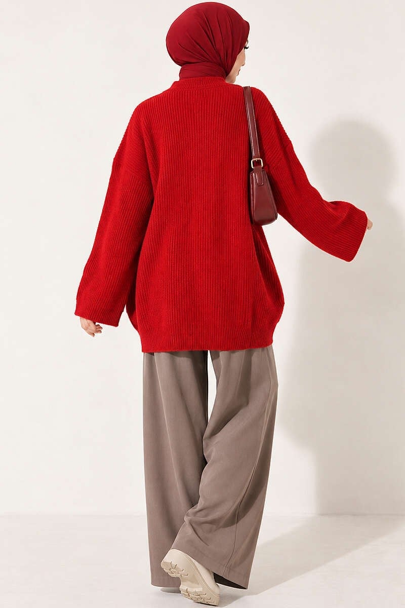 Selanik Örgü Oversize Triko Tunik Kırmızı