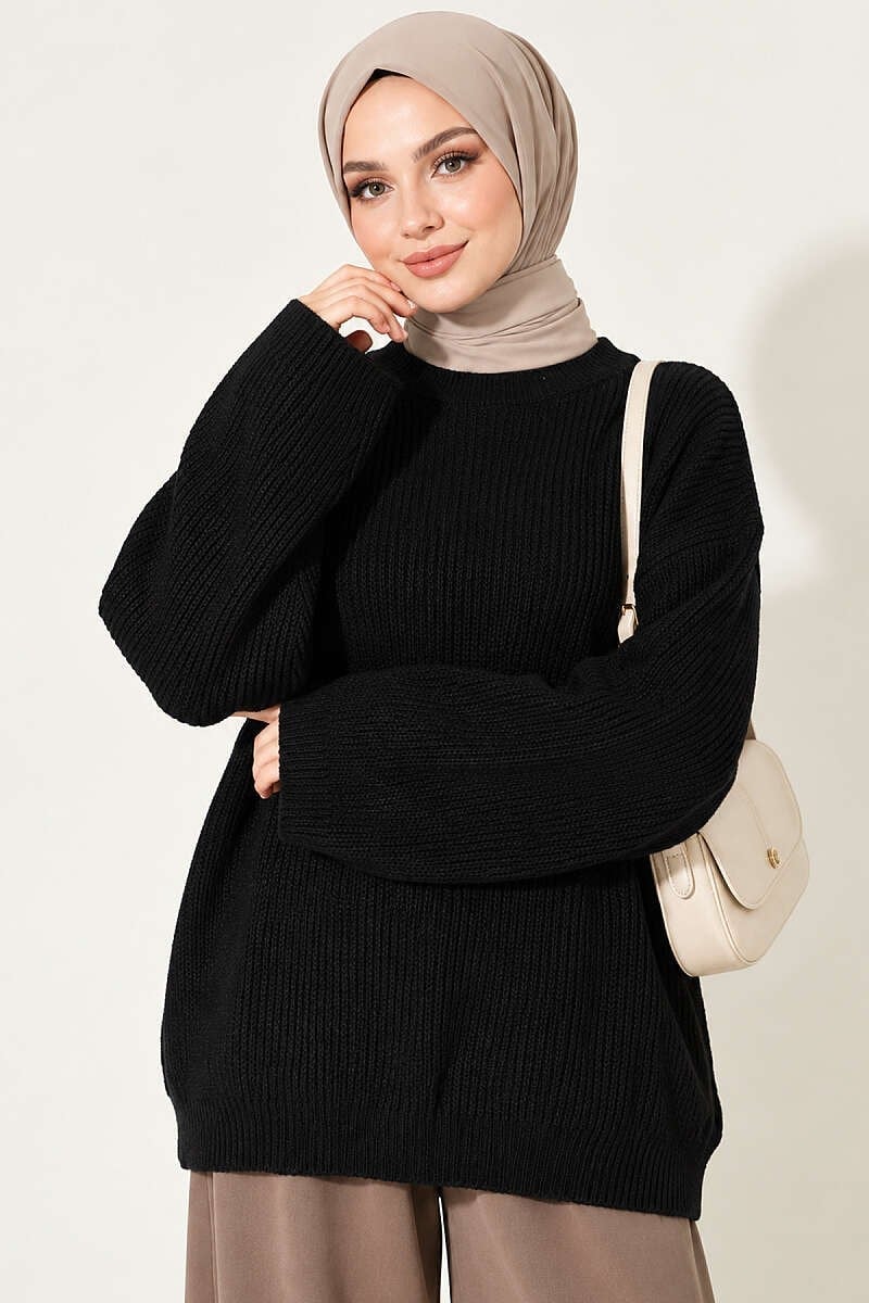Selanik Örgü Oversize Triko Tunik Siyah