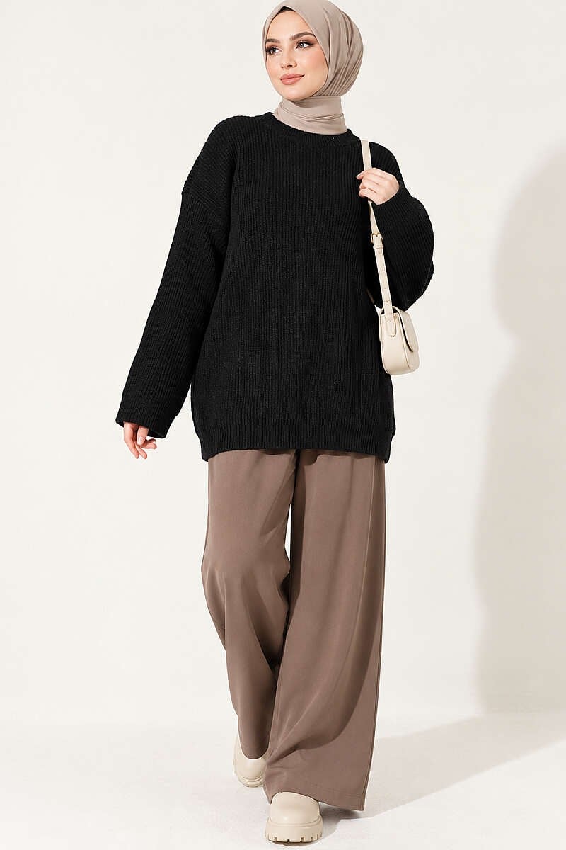 Selanik Örgü Oversize Triko Tunik Siyah