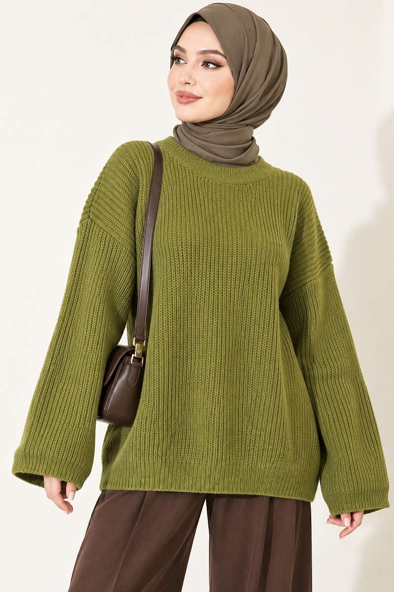 Selanik Örgü Oversize Triko Tunik Yeşil