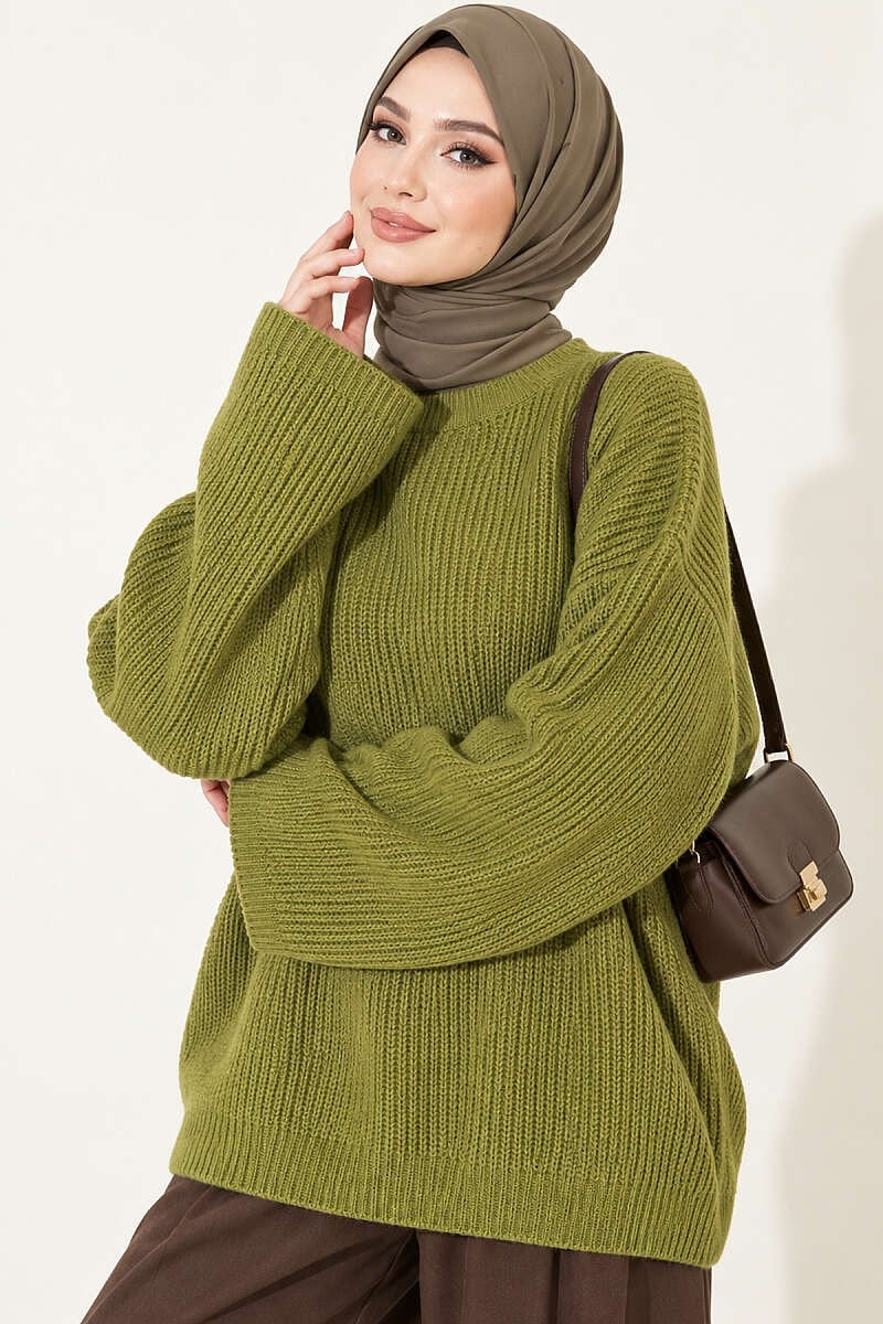 Selanik Örgü Oversize Triko Tunik Yeşil