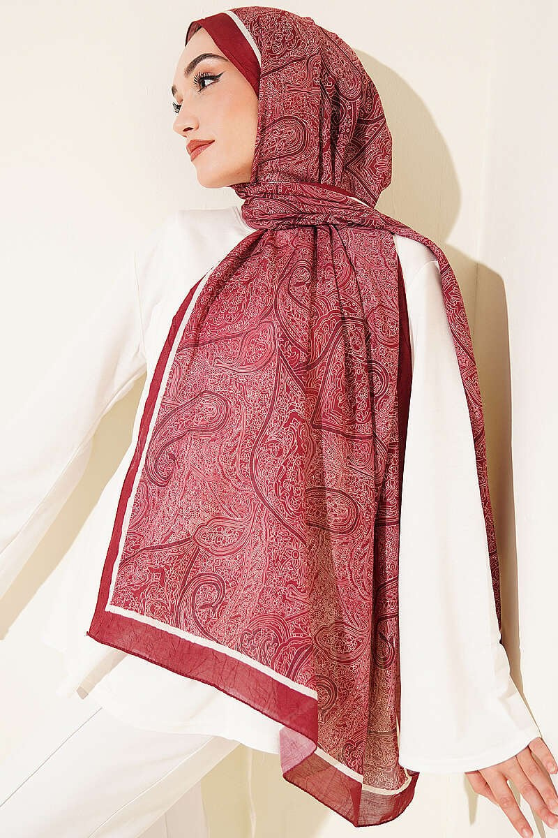 Şerit Detaylı Etnik Desenli Şal Bordo