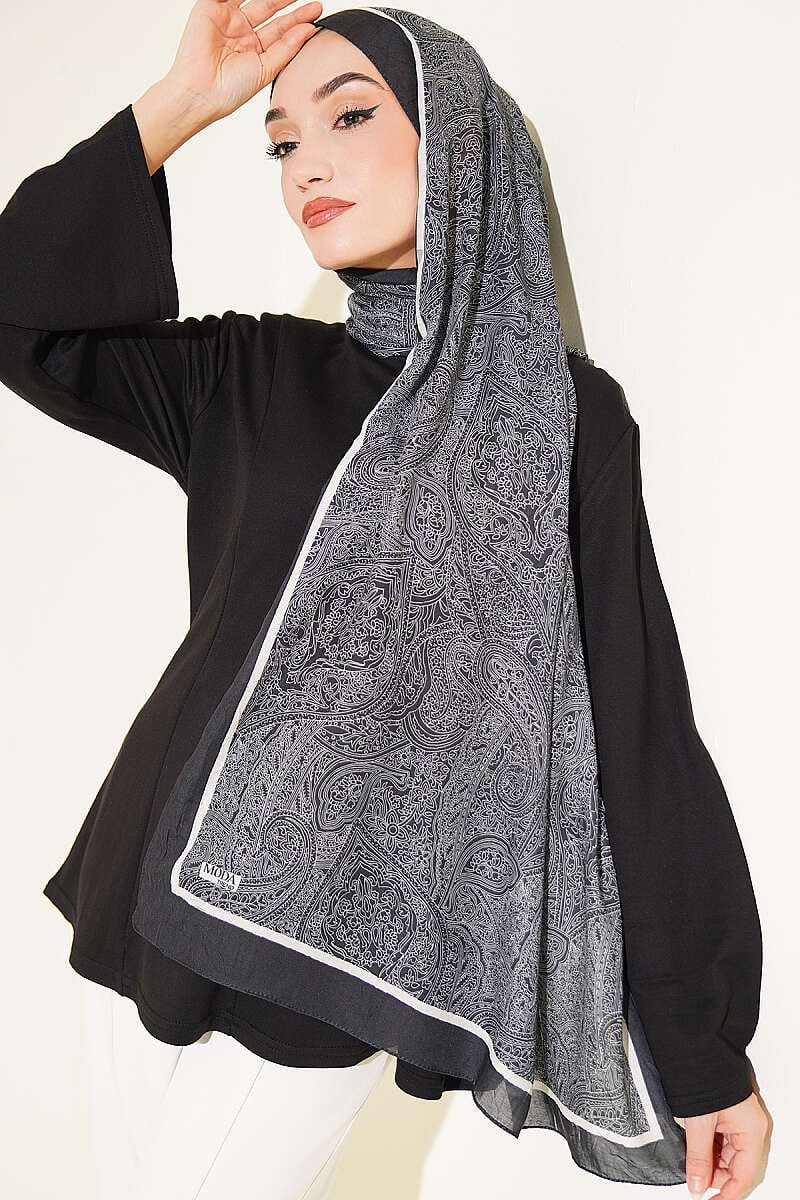 Şerit Detaylı Etnik Desenli Şal Siyah