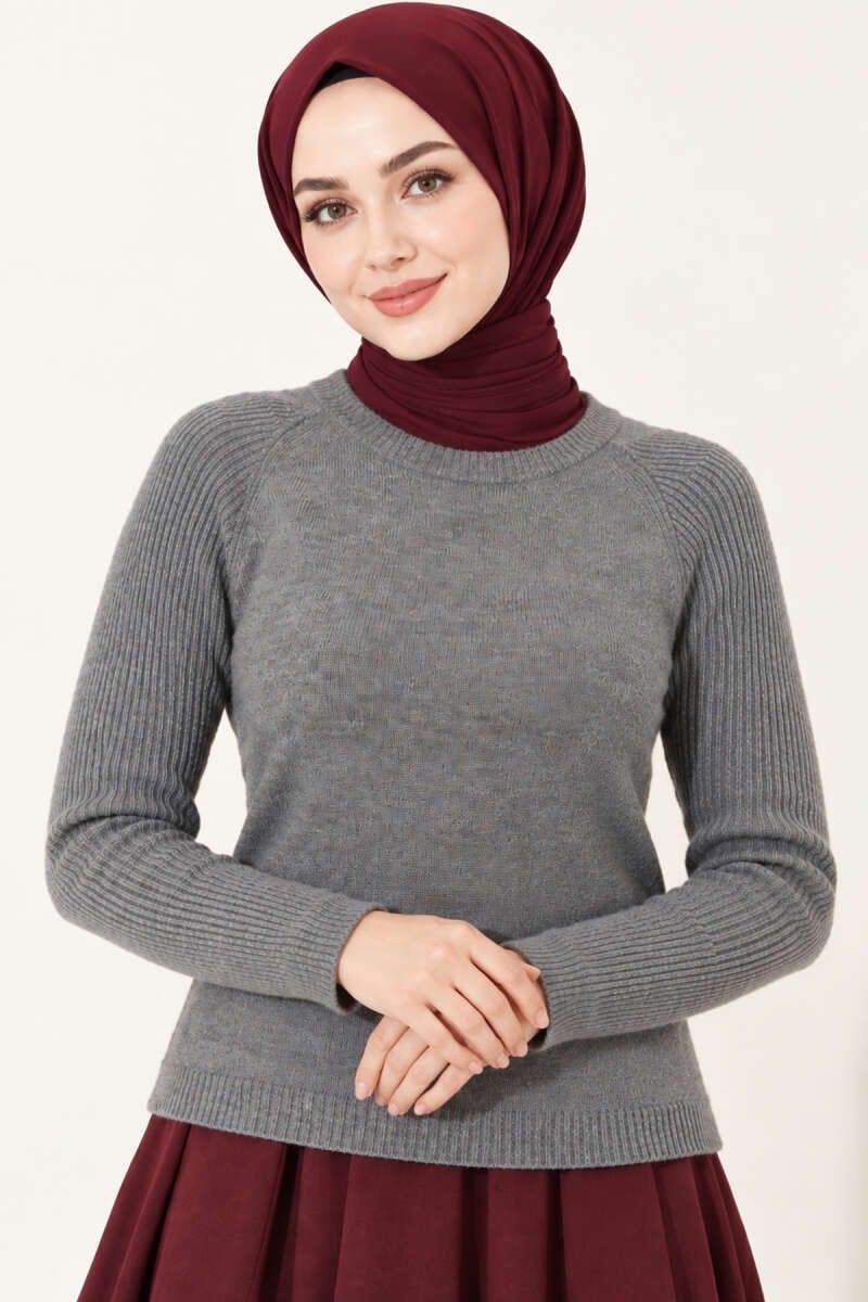 Şerit Detaylı Triko Kazak Füme