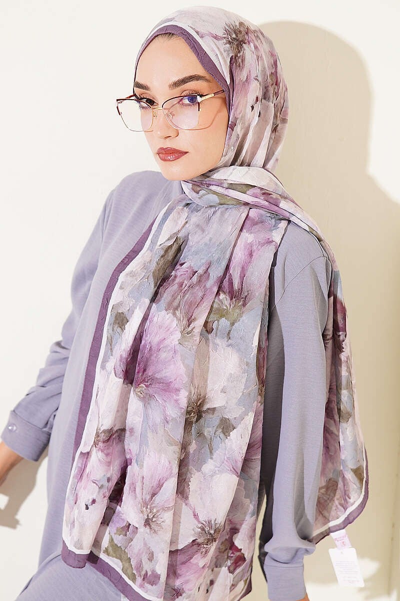 Şerit Geçişli Çiçekli Bambu Kraş Şal Koyu Lila