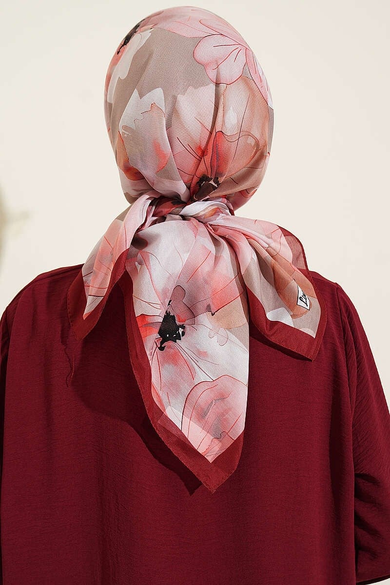 Soft Çiçek Desenli Eşarp Bordo Bej