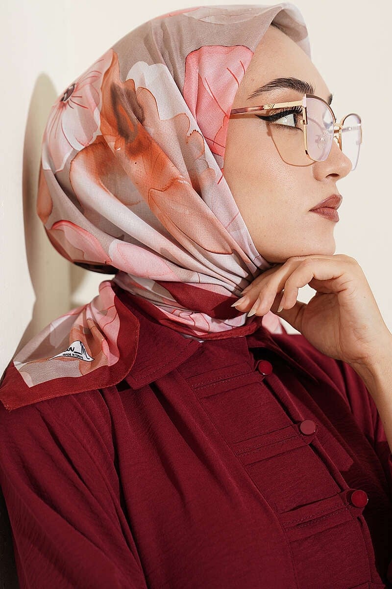 Soft Çiçek Desenli Eşarp Bordo Bej