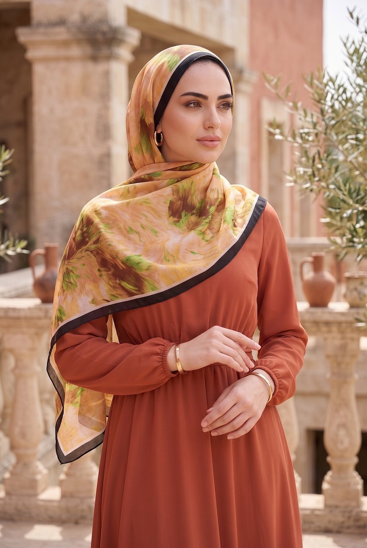 Soft Floral  Şal Serisi Siyah-Turuncu