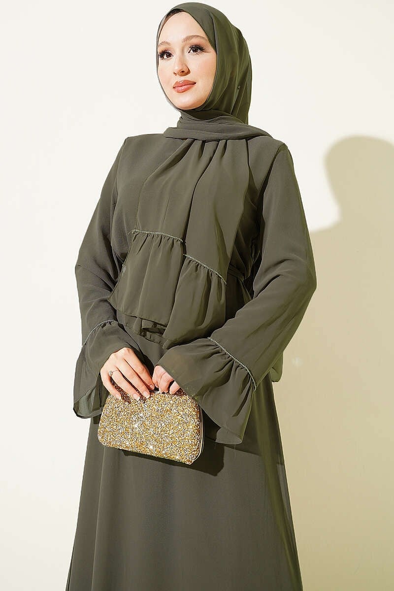 Su Yolu Taşlı Şallı Şifon Elbise Haki