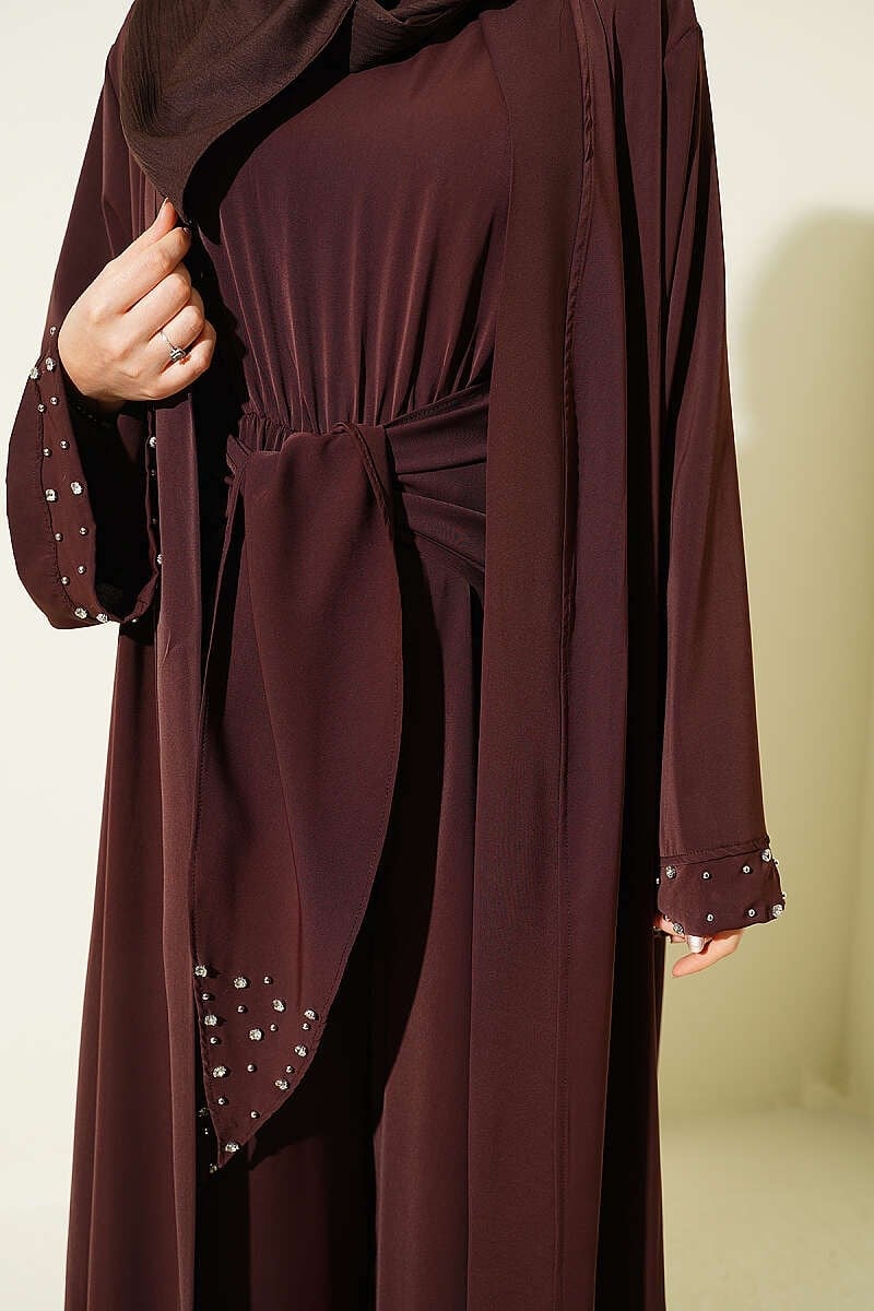 Taş Süslemeli İkili Abaya Kahve