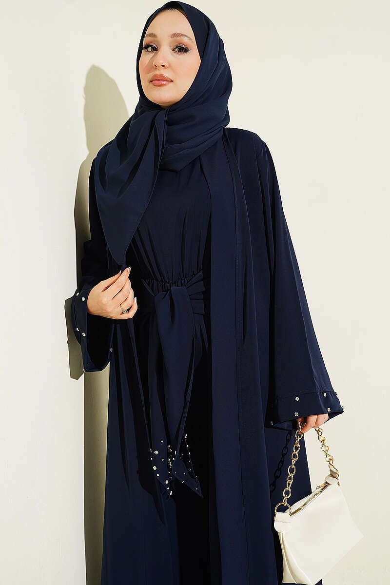 Taş Süslemeli İkili Abaya Lacivert