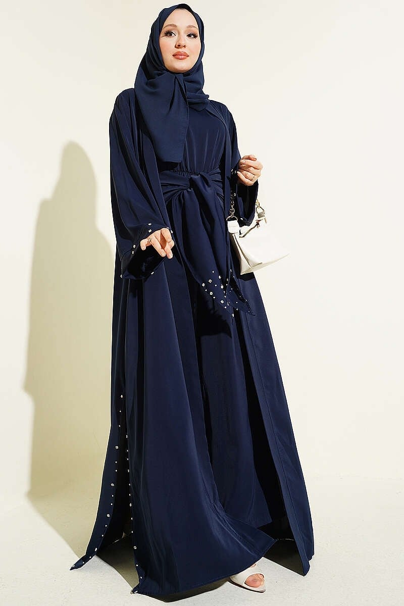 Taş Süslemeli İkili Abaya Lacivert