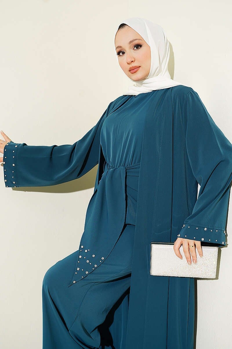 Taş Süslemeli İkili Abaya Petrol Yeşili