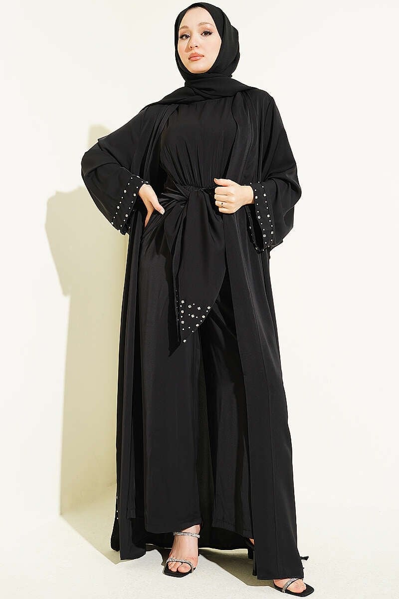 Taş Süslemeli İkili Abaya Siyah
