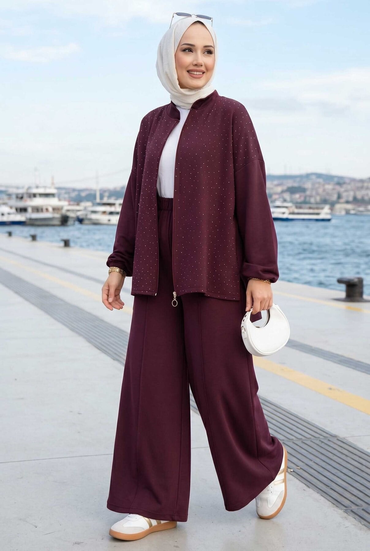 Taşlı Fermuarlı Tunik Pantolon İkili Takım Mürdüm
