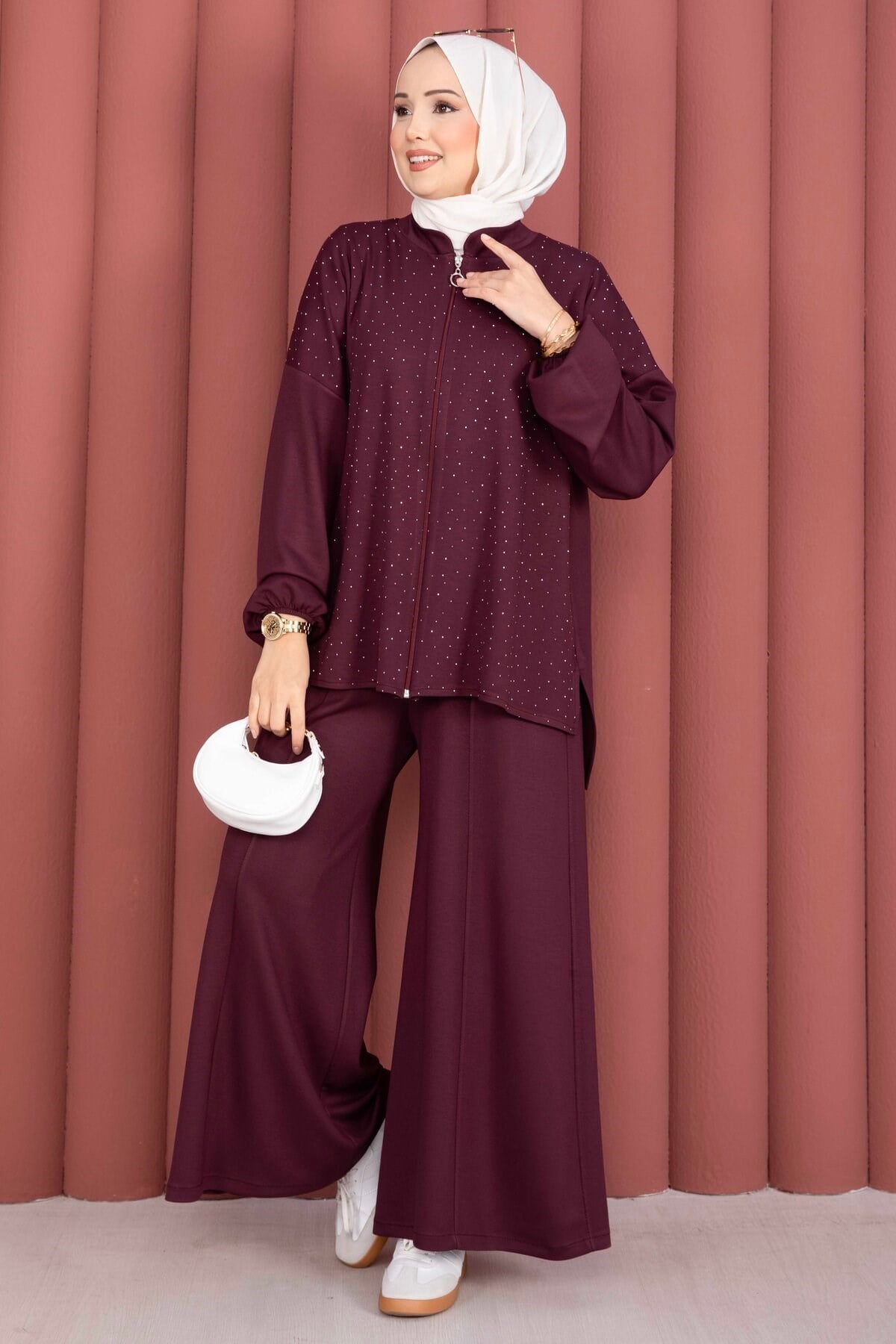 Taşlı Fermuarlı Tunik Pantolon İkili Takım Mürdüm
