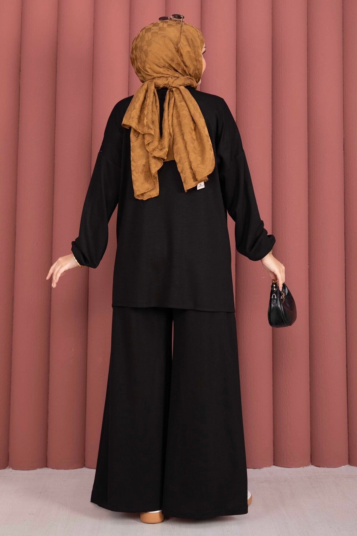 Taşlı Fermuarlı Tunik Pantolon İkili Takım Siyah